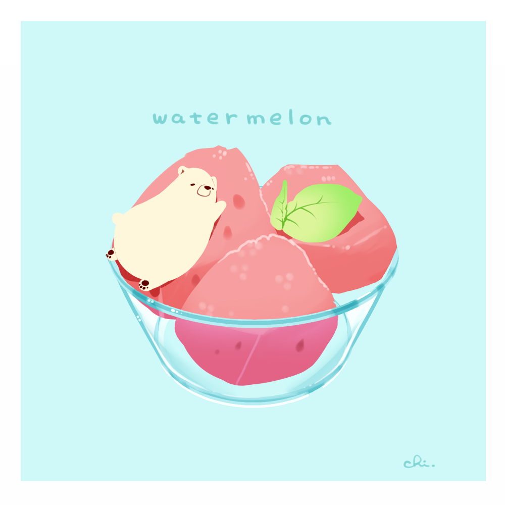 bear blue_background border bowl chai_(drawingchisanne) english_text food food_focus fruit full_body garnish glass_bowl mint no_humans on_food original polar_bear shirokuma-san_(drawingchisanne) signature sleeping undersized_animal watermelon watermelon_slice white_border