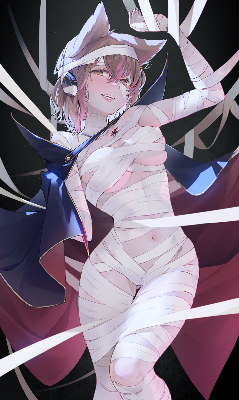 1girl :d animal_ears arm_up bandages blush breasts cape dark_background double-parted_bangs earmuffs english_commentary gold_trim hair_between_eyes highres lips looking_at_viewer medium_breasts mummy_costume navel pointy_hair short_hair simple_background skindentation smile solo syuri22 tattoo teeth touhou toyosatomimi_no_miko