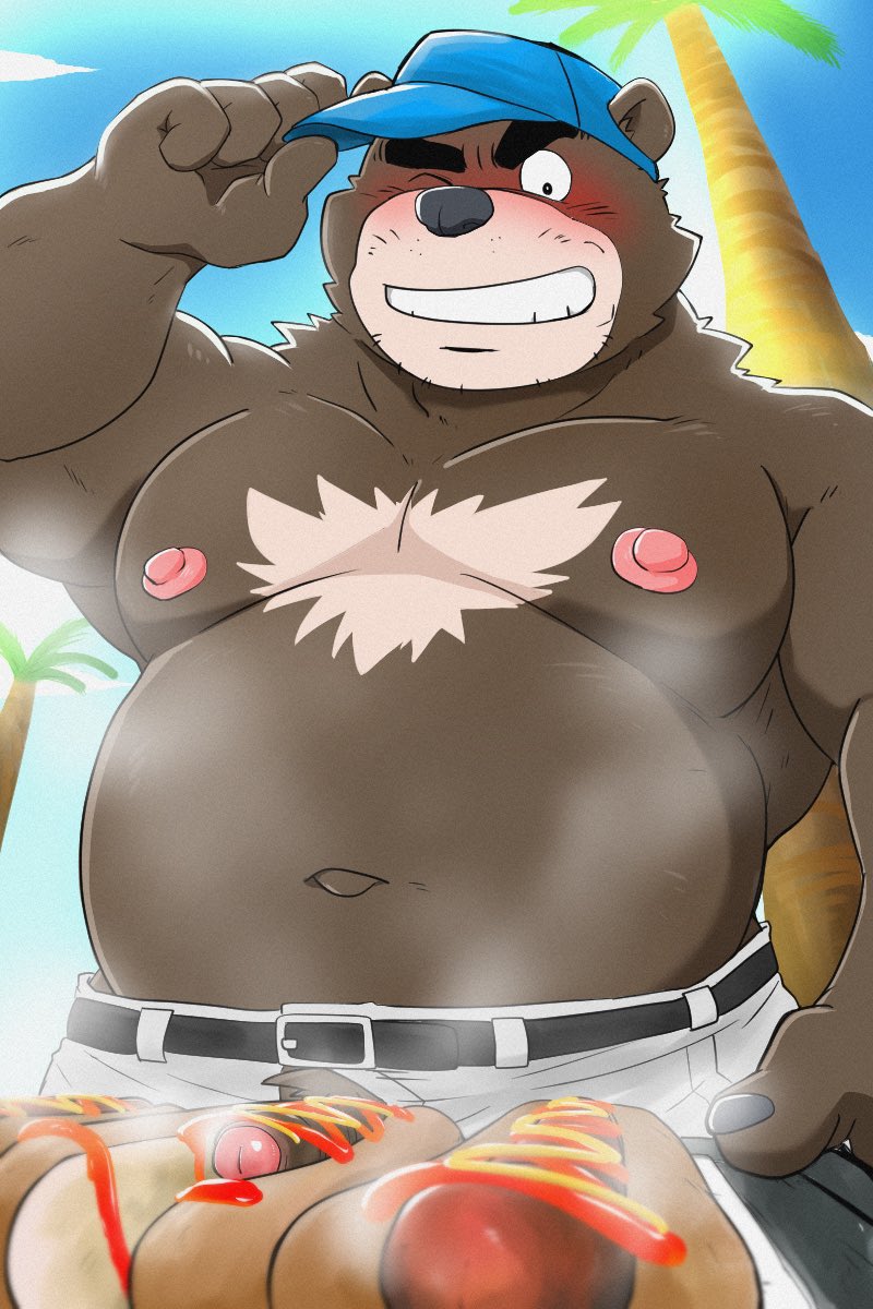 2023 anthro bear belly black_nose blush food genitals hi_res hot_dog humanoid_hands kemono male mammal moobs navel nipples one_eye_closed outside overweight overweight_male palm_tree penis plant shibatanukiti solo tree wink