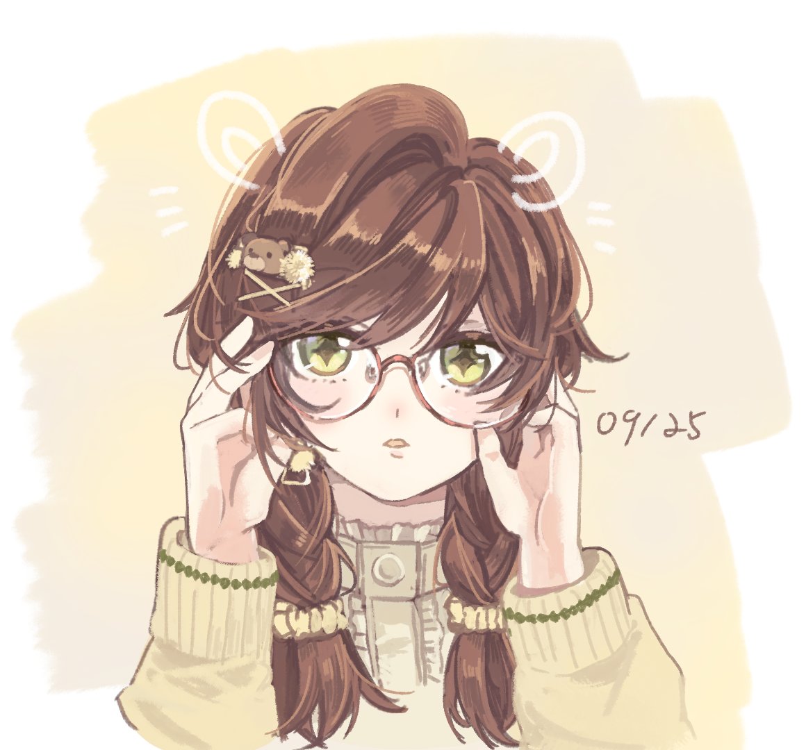 +_+ 1girl bear_hair_ornament braid brown-framed_eyewear brown_background brown_hair brown_sweater commentary_request dated glasses hair_ornament hair_over_shoulder hands_up long_hair long_sleeves looking_at_viewer low_twintails parted_lips puffy_long_sleeves puffy_sleeves rosa_(tears_of_themis) shink_1004 solo sweater tears_of_themis twin_braids twintails two-tone_background upper_body white_background x_hair_ornament yellow_eyes