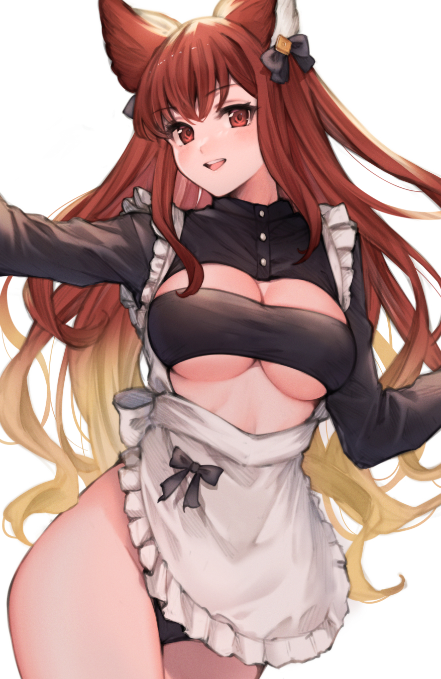 1girl animal_ears anthuria apron black_bow black_bra black_panties blonde_hair bow bra breasts commentary_request cowboy_shot curly_hair erune frilled_apron frills gradient_hair granblue_fantasy hair_bow highres koretsuki_azuma large_breasts long_hair looking_at_viewer multicolored_hair open_mouth panties red_eyes red_hair shrug_(clothing) simple_background solo strapless strapless_bra underwear very_long_hair waist_apron white_apron white_background