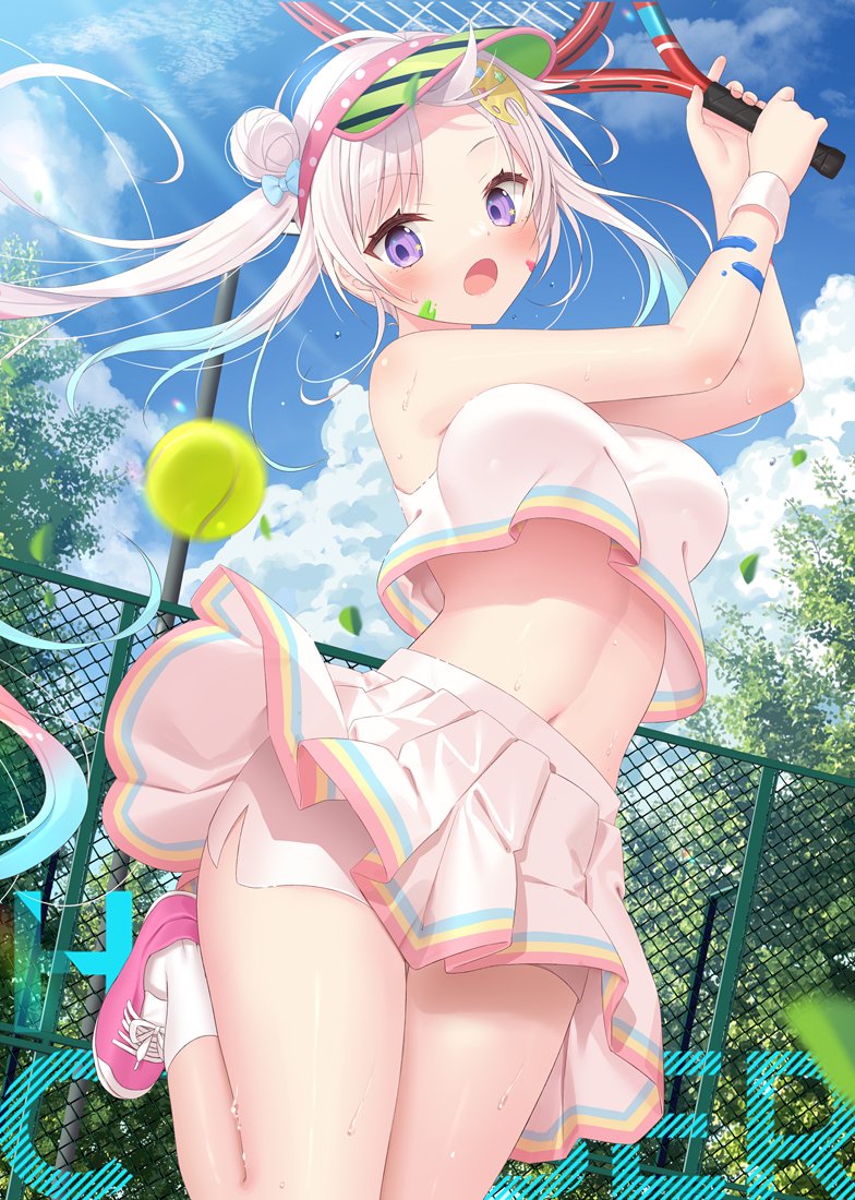 1girl airani_iofifteen alternate_costume ball bike_shorts_under_skirt blue_hair blue_sky blush breasts chain-link_fence cloud cloudy_sky commentary crop_top day fence food_print foot_out_of_frame green_headwear hair_bun hololive hololive_indonesia leaf light_blue_hair long_hair looking_at_viewer medium_breasts miniskirt motion_blur multicolored_hair navel open_mouth outdoors paint paint_on_body paint_splatter paint_splatter_on_face palette_hair_ornament pink_footwear pleated_skirt polka_dot purple_eyes racket shirt shoes short_shorts shorts skirt sky sleeveless sleeveless_shirt socks solo sportswear standing standing_on_one_leg stomach sweat sweatband symbol-only_commentary tennis_ball tennis_racket tennis_uniform thighs tree two-tone_hair virtual_youtuber visor_cap watermelon_print white_hair white_shorts white_skirt white_socks yano_mitsuki_(nanairo)