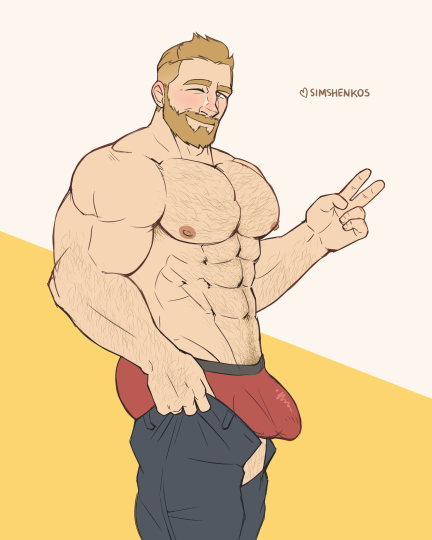 1boy abs arm_hair ass bara beard body_hair boxer_briefs bulge chest_hair dressing facial_hair feet_out_of_frame from_side hairy i've_never_seen_a_guy_recreate_this_successfully_tbh_(meme) large_pectorals leg_hair male_focus male_underwear mature_male meme muscular muscular_male navel_hair nipples open_pants original pants pants_lift pectorals red_male_underwear short_hair simshenkos solo stomach thick_arms thick_eyebrows topless_male undersized_clothes underwear v