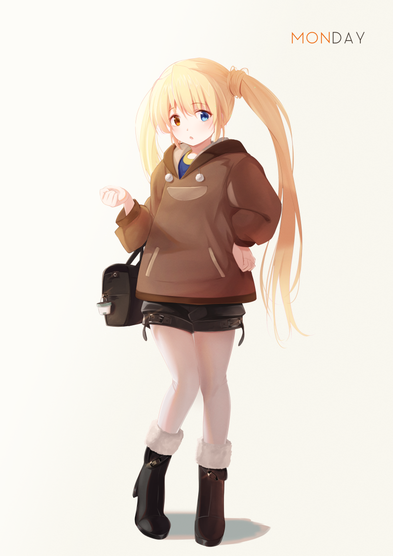 1girl alternate_costume bag black_bag black_shorts blonde_hair blue_eyes blush boots brown_hoodie casual chestnut_mouth commentary_request eyelashes eyes_visible_through_hair full_body fur-trimmed_boots fur_trim hair_between_eyes hand_on_own_hip hand_up handbag heterochromia hood hood_down hoodie knees_together_feet_apart long_hair looking_at_viewer nakatsu_shizuru open_mouth rewrite shorts simple_background solo standing tagame_(tagamecat) twintails very_long_hair white_background white_fur yellow_eyes