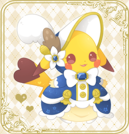 argyle argyle_background blue_dress bonnet bow bowtie brooch clothed_pokemon cosplay_pikachu dress eyelashes flower full_body hat_feather heart jewelry long_sleeves lowres no_humans open_mouth pikachu pikachu_belle pokemon pokemon_(creature) solo standing ten'on_(amane09)