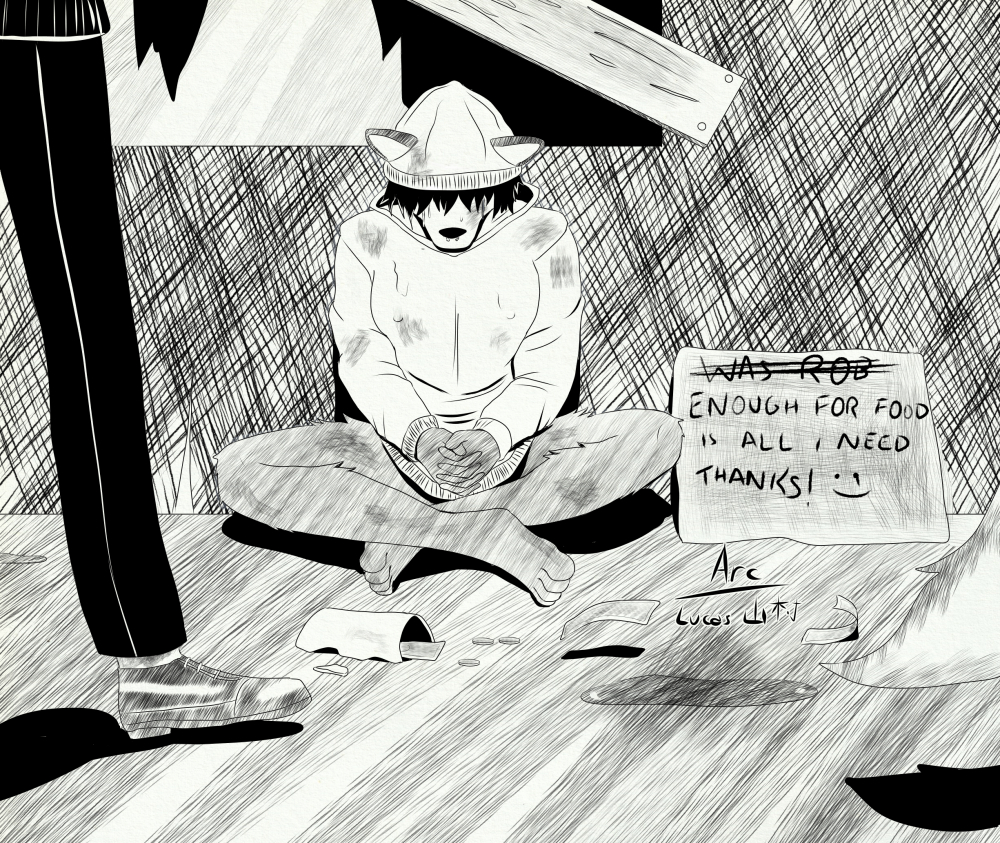 anthro arc_rose beanie bear black_and_white bodily_fluids bottomless clothed clothing crying digital_drawing_(artwork) digital_media_(artwork) female giant_panda hat headgear headwear hoodie hoodie_only inked mammal money monochrome partially_clothed sad sign smiley_face solo_focus tears topwear topwear_only