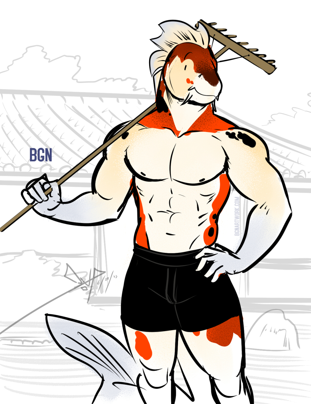 abs amur_carp anthro bgn biceps bottomwear capybara carp caviid clothed clothing cyprinid cypriniform fish hi_res koi looking_at_viewer male mammal marine muscular muscular_anthro muscular_male nipples outside pecs rodent simple_background smile solo tail typical_carp underwear underwear_only white_body
