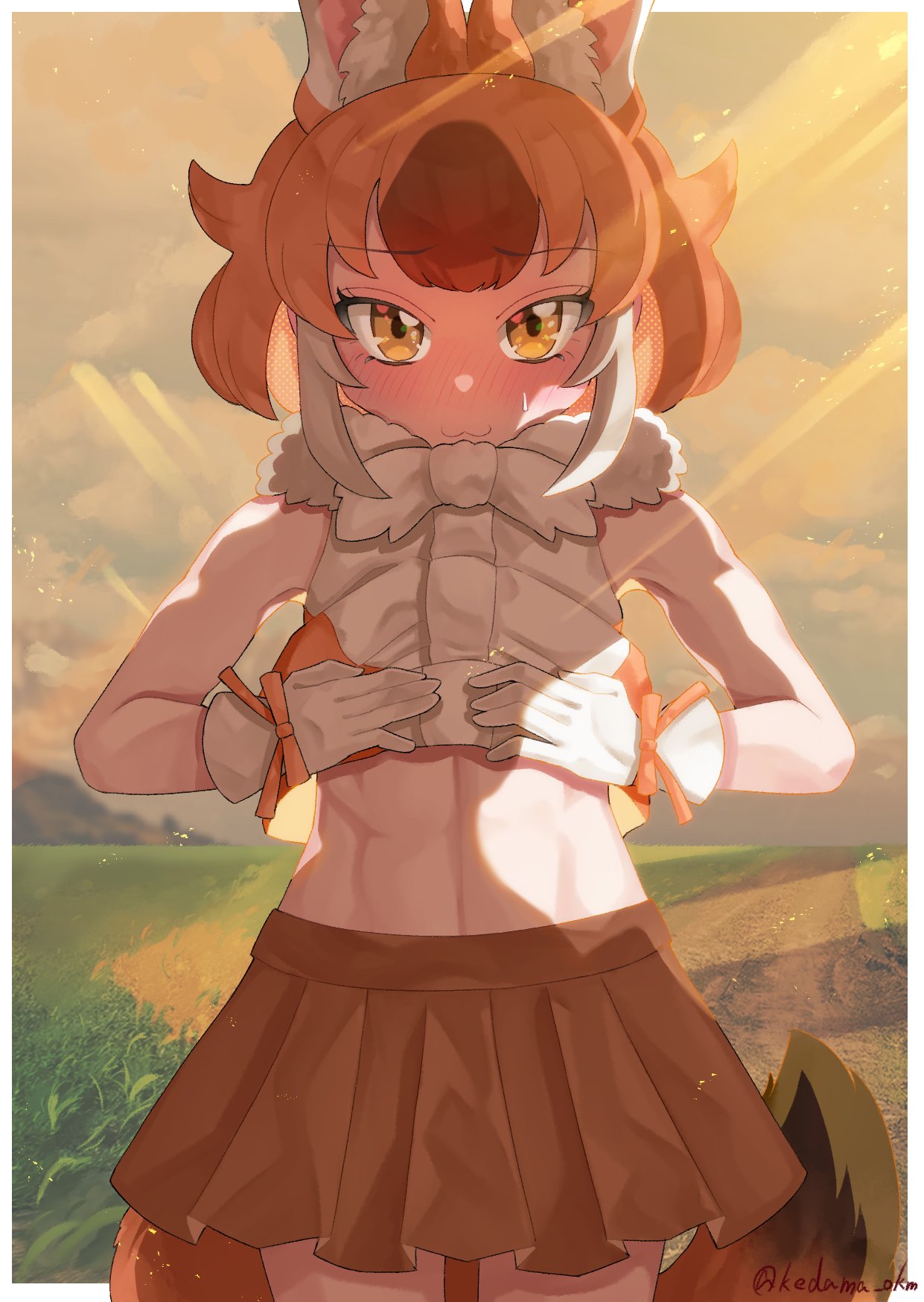 1girl abs animal_ears bare_shoulders blush bow breasts brown_hair clothes_lift commentary dhole_(kemono_friends) dog_ears dog_girl dog_tail extra_ears gloves highres kedama_(ughugjydthjdf) kemono_friends kemono_friends_3 lifted_by_self looking_at_viewer medium_breasts midriff multicolored_hair muscular muscular_female navel open_mouth outdoors shirt shirt_lift short_hair skirt sleeveless smile solo tail two-tone_hair white_hair