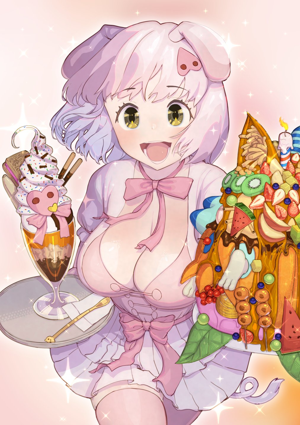 1girl animal_ears blush bow bowtie breasts burikarun cowboy_shot food fruit highres ice_cream kemono_friends kiwi_(fruit) kiwi_slice lucky_beast_(kemono_friends) multicolored_hair open_mouth pantyhose parfait pig_(kemono_friends) pig_ears pig_girl pig_tail pink_bow pink_bowtie pink_hair pink_pantyhose pink_shirt pleated_skirt puffy_short_sleeves puffy_sleeves shirt short_hair short_sleeves skirt smile solo sparkle strawberry tail white_hair white_shirt white_skirt yellow_eyes zettai_ryouiki