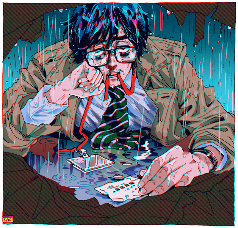 1boy blood blood_on_face blue_hair facial_hair glasses half-closed_eyes hand_on_own_chin jacket kaneoya_sachiko lanyard lying male_focus missing_tooth necktie nosebleed on_ground on_stomach original rain short_hair solo striped_necktie stubble watch wet wet_clothes wet_hair wristwatch