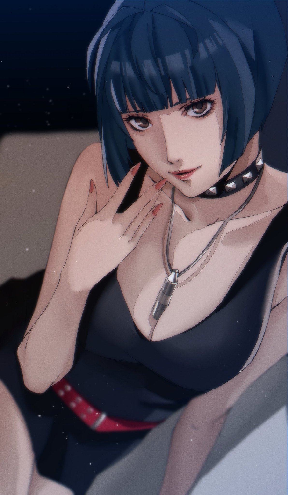 1girl bare_arms bare_shoulders belt black_dress blue_hair breasts brown_eyes cleavage collar collarbone dress fingernails highres hime_cut jewelry long_fingernails looking_at_viewer medium_breasts nail_polish necklace necklace_between_breasts parted_lips persona persona_5 pertex_777 photo-referenced red_belt red_lips red_nails second-party_source short_dress solo studded_choker studded_collar takemi_tae