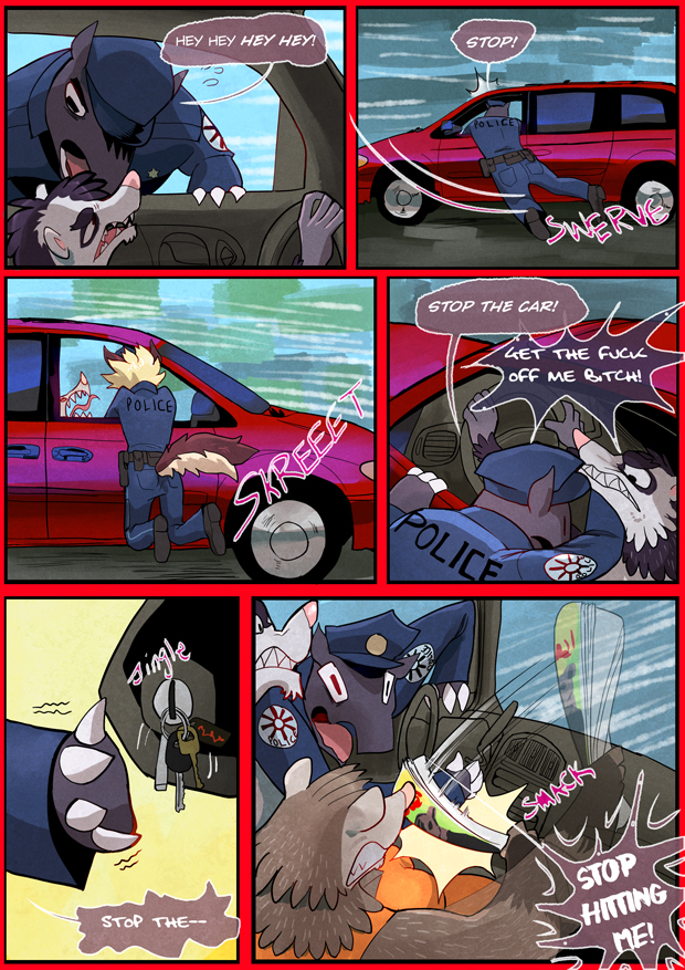 american_opossum angry anthro black_body brown_body canid canine canis car clothed clothing comic dialogue domestic_dog driving english_text eyes_closed female german_shepherd grimart group herding_dog inside_car looking_at_another magazine male mammal marsupial moxy_(grimart) pastoral_dog pillin_(grimart) police_uniform resisting teeth text uniform vehicle white_body