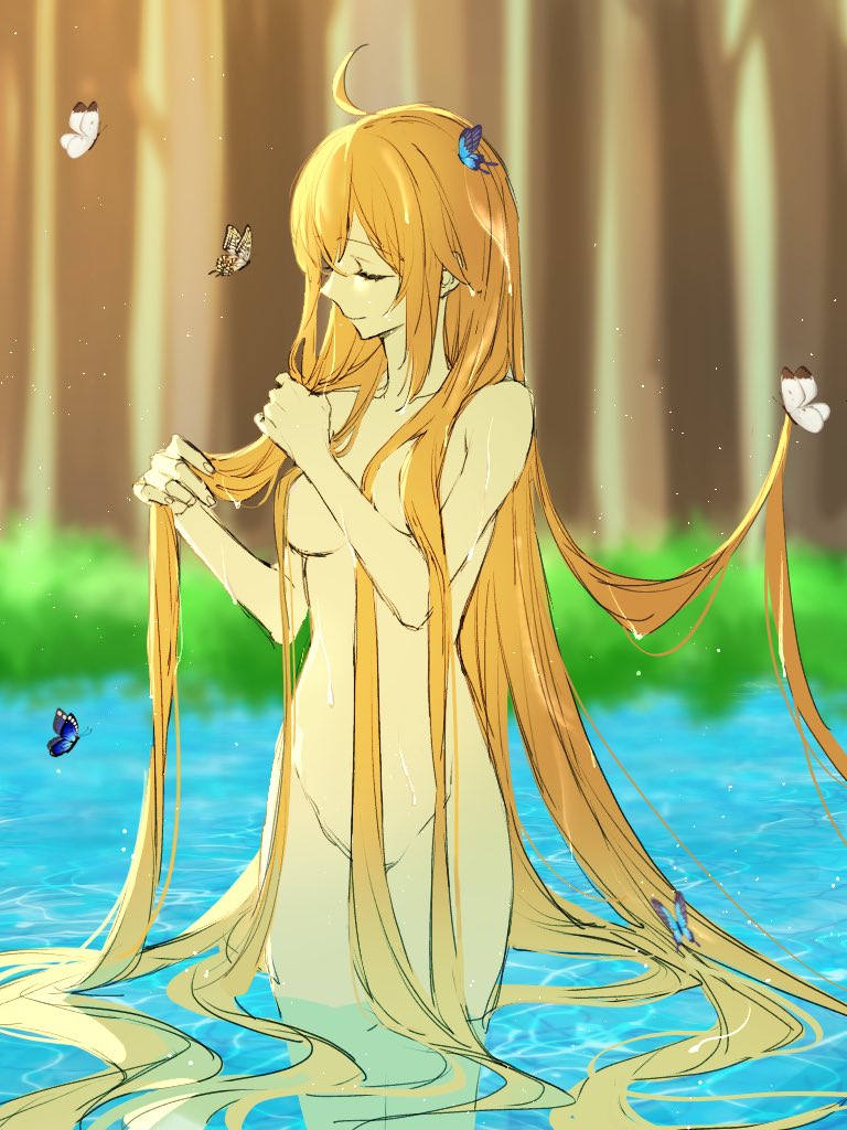 ahoge alternate_hair_length alternate_hairstyle bug butterfly closed_eyes convenient_censoring fate/grand_order fate_(series) forest fujimaru_ritsuka_(female) hair_censor holding holding_hair kurenai_veni1 long_hair nature nude orange_hair solo very_long_hair wading water wet wet_hair