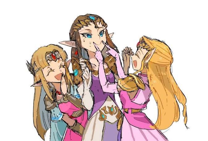 3girls armor blonde_hair blue_eyes brown_hair covering_mouth dress earrings fingersmile forced_smile gloves hand_over_own_mouth jewelry long_hair multiple_girls nyagiratwist pink_dress pointy_ears princess_zelda purple_dress purple_gloves shoulder_armor smile super_smash_bros. sweatdrop the_legend_of_zelda the_legend_of_zelda:_a_link_between_worlds the_legend_of_zelda:_ocarina_of_time the_legend_of_zelda:_twilight_princess tiara white_gloves