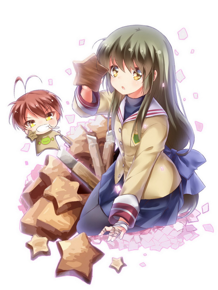 1boy 1girl antenna_hair arm_up bandaged_fingers bandaged_hand bandages black_pantyhose blue_bow blue_skirt bow breasts brown_hair chibi chibi_inset chinese_commentary cigarette clannad commentary_request full_body furukawa_akio green_hair grin hair_between_eyes hair_bow holding holding_star ibuki_fuuko jacket light_blush lliissaawwuu2 long_hair long_sleeves looking_at_viewer miniskirt open_mouth pantyhose pleated_skirt sailor_collar school_uniform short_hair simple_background sitting skirt small_breasts smile star_(symbol) starfish v-shaped_eyebrows very_long_hair white_background white_sailor_collar yellow_eyes yellow_jacket yokozuwari