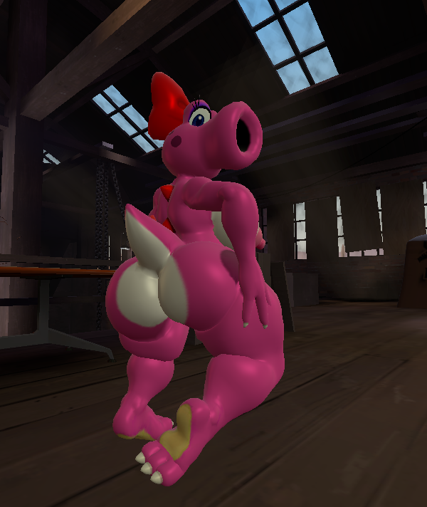 2021 3d_(artwork) accessory anthro big_breasts big_butt birdo blue_eyes bow_(feature) bow_ribbon breasts butt digital_media_(artwork) dinosaur female hair_accessory hair_bow hair_ribbon hand_on_butt looking_back mario_bros nintendo nipples pink_body rear_view reptile ribbons scalie solo source_filmmaker tecbuttlovefa thick_thighs warehouse