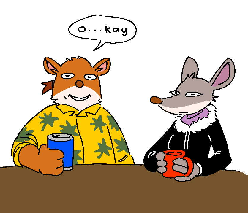 2023 aluminum_can anthro confusion dialogue english_text female fur ganii geronimo_stilton_(series) grey_body grey_fur humor male mammal mouse mug murid murine orange_body orange_fur rodent simple_background sitting text thea_stilton trap_stilton white_background white_body white_fur