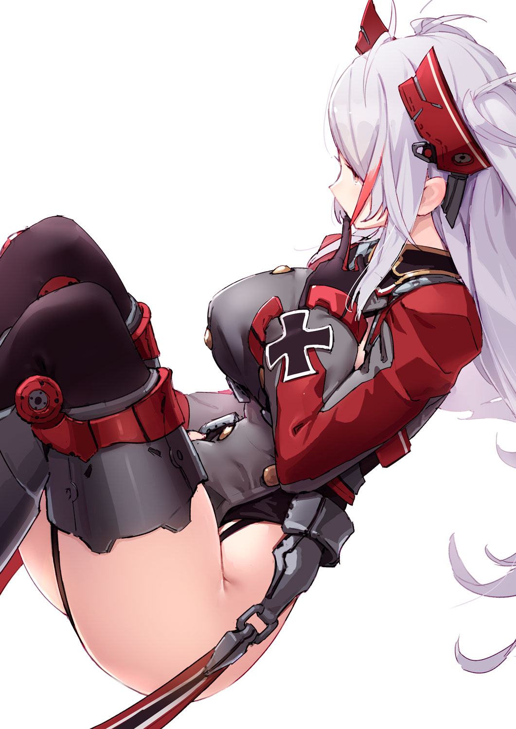 1girl azumi_akitake azur_lane black_thighhighs breasts commentary_request dress finger_to_mouth from_side garter_straps grey_dress hair_ornament hand_up headgear highres knees_up large_breasts long_hair multicolored_hair prinz_eugen_(azur_lane) red_hair short_dress side_slit simple_background sitting solo streaked_hair thick_thighs thigh_bands thighhighs thighs two-tone_hair two_side_up white_background white_hair