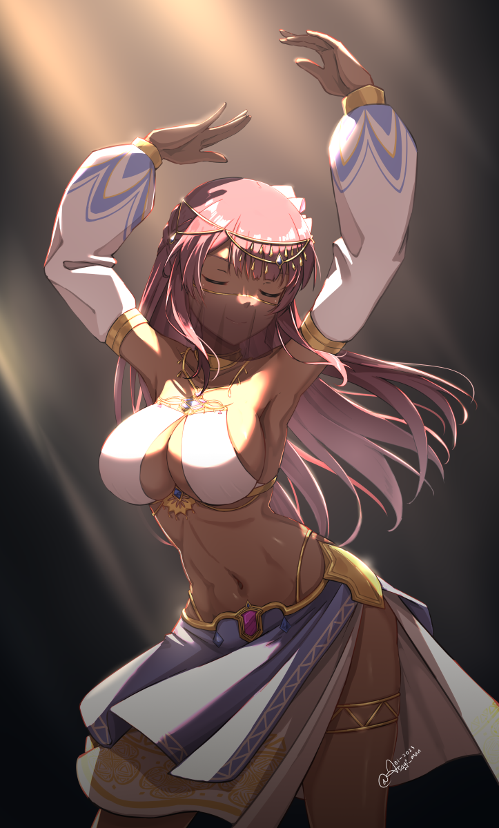 1girl alice_gear_aegis arms_up as4gi breasts choker closed_eyes dancer dancing dark_skin detached_sleeves fatima_betrorum harem_outfit highres jewelry large_breasts long_hair mouth_veil navel necklace pink_hair signature solo thighlet veil