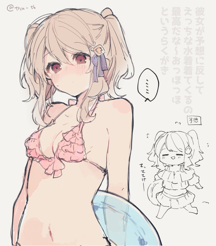 ... 1girl arms_behind_back bare_shoulders bikini blush breasts brown_hair chibi chibi_inset cleavage collarbone commentary_request dot_mouth hair_between_eyes hair_ribbon holding holding_innertube ikeuchi_tanuma innertube long_hair looking_at_viewer multiple_views navel nose_blush original parted_bangs pink_bikini raised_eyebrows red_eyes ribbon short_twintails sidelocks simple_background sketch small_breasts solo_focus spoken_ellipsis stomach string_bikini sweatdrop swimsuit tino_(ikeuchi_tanuma) translation_request twintails upper_body white_background