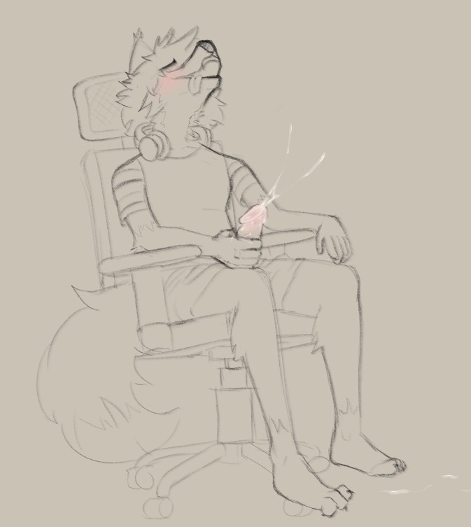 ahegao andre_(gamesfan) anthro average_penis barefoot blush bodily_fluids body_blush canid canine canis chair claws clenching_toes clothed clothing coyote cum cum_on_ground cumshot digital_media_(artwork) ejaculation erection feet fingers fluffy fluffy_tail fur fur_tuft furniture gamesfan genital_fluids genitals glistening glistening_genitalia glistening_penis hair happy happy_sex headphones headphones_around_neck humanoid_genitalia humanoid_penis looking_pleasured male mammal masturbation messy_hair nails office_chair open_mouth orgasm partially_clothed penis penis_blush sex sitting sketch solo tail toe_claws toes tongue tuft underwear underwear_down