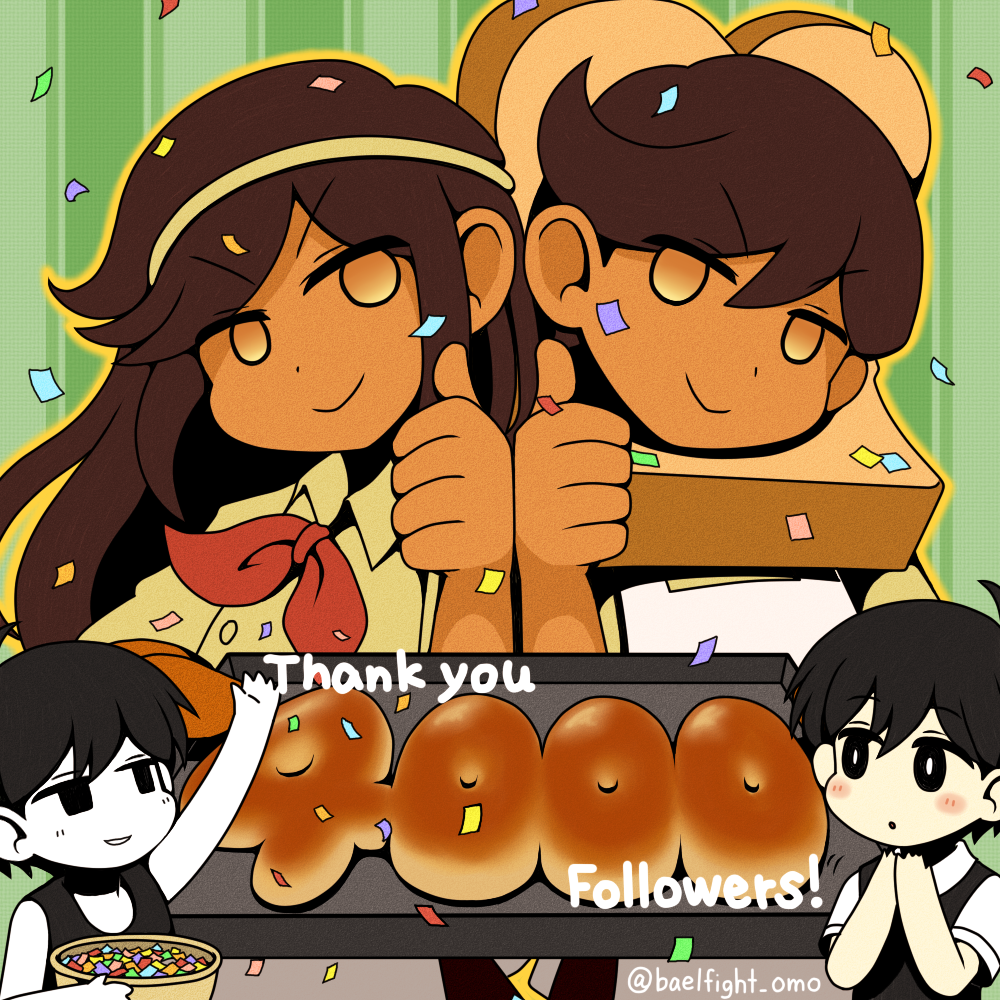 1girl 3boys biscuit_(omori) blush bread brown_eyes brown_hair closed_mouth colored_skin confetti dark-skinned_female dark-skinned_male dark_skin doughie_(omori) food long_hair milestone_celebration miya_(baelfight) multiple_boys neckerchief omori omori_(omori) red_neckerchief short_hair short_sleeves smile sunny_(omori) swept_bangs thumbs_up white_skin