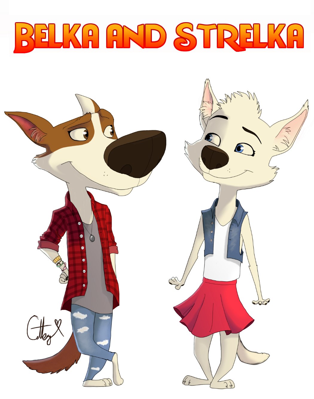 anthro belka bottomwear canid canine canis clothing domestic_dog duo english_text eye_contact female hi_res jewelry looking_at_another mammal necklace pants shirt simple_background skirt smile space_dogs strelka t-shirt text topwear unknown_artist white_background