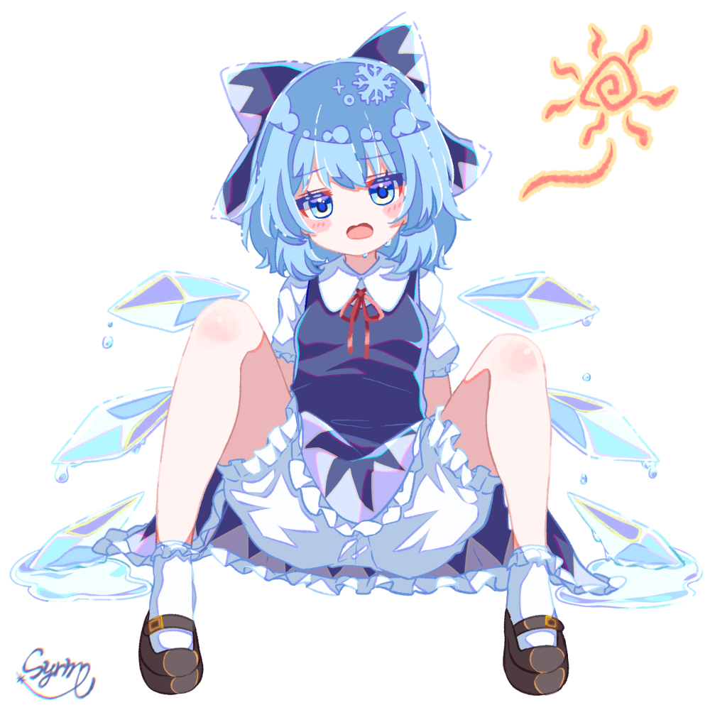 1girl black_footwear bloomers blue_dress blue_eyes blue_hair bow cirno commentary dress fairy hair_bow ice ice_wings looking_at_viewer melting open_mouth short_sleeves signature simple_background sitting socks solo spread_legs sun_symbol touhou underwear white_background white_socks wings yunagi_(arukumaruta)