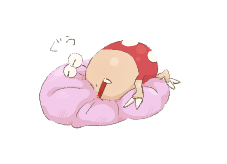 animal_focus bean_bag_chair bulborb closed_eyes commentary_request fang keylow lying no_humans nostrils on_side pikmin_(series) polka_dot sleeping solo white_background