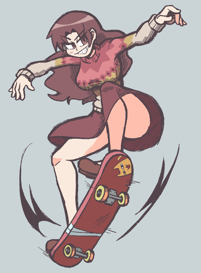 1girl ass azumanga_daioh blush breasts brown_eyes brown_hair grey_background grin kevin_arthur large_breasts long_hair long_sleeves outstretched_arms parted_lips red_skirt simple_background skateboard skateboarding skirt smile solo sweater tanizaki_yukari teeth