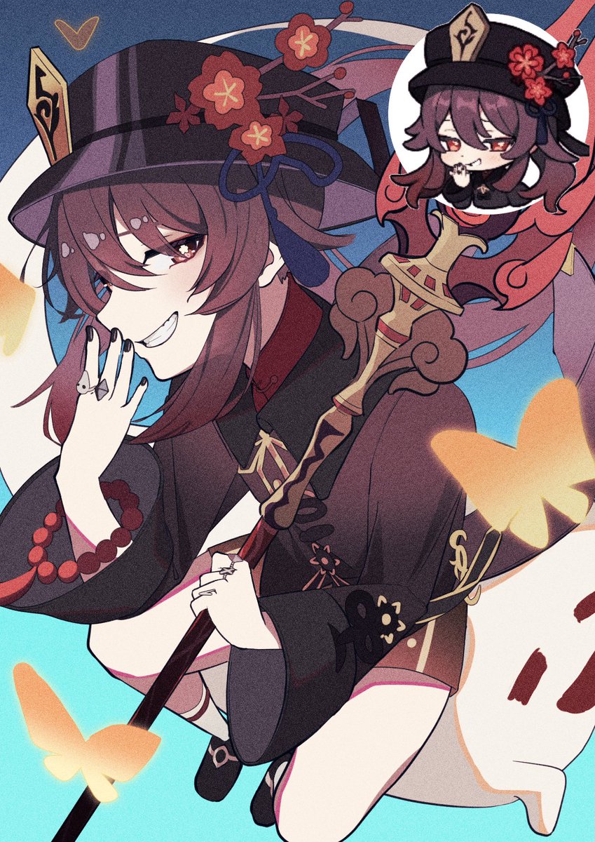 1girl black_nails black_shorts boo_tao_(genshin_impact) brown_hair chinese_clothes flower flower-shaped_pupils genshin_impact grin hat hat_ornament highres homake hu_tao_(genshin_impact) jewelry long_hair long_sleeves looking_at_viewer plum_blossoms porkpie_hat red_eyes red_shirt ring shirt shorts smile staff_of_homa_(genshin_impact) symbol-shaped_pupils thighs twintails