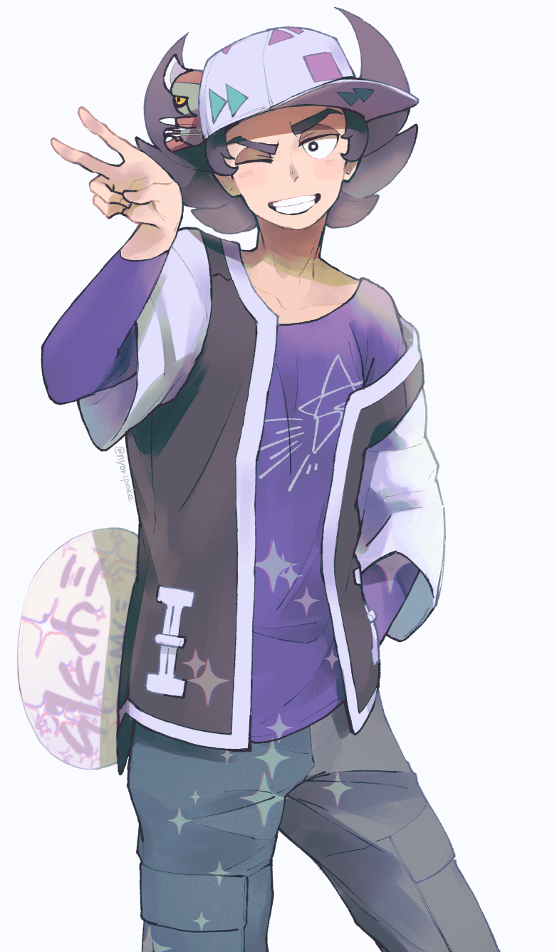 1boy alternate_costume black_eyes bright_pupils character_hair_ornament commentary_request giacomo_(pokemon) grin hair_ornament hand_up hat highres jacket male_focus nyoripoke off_shoulder one_eye_closed open_clothes open_jacket pants pawniard pokemon pokemon_(game) pokemon_sv purple_shirt shirt sideways_hat simple_background smile solo sparkle teeth v white_background white_pupils