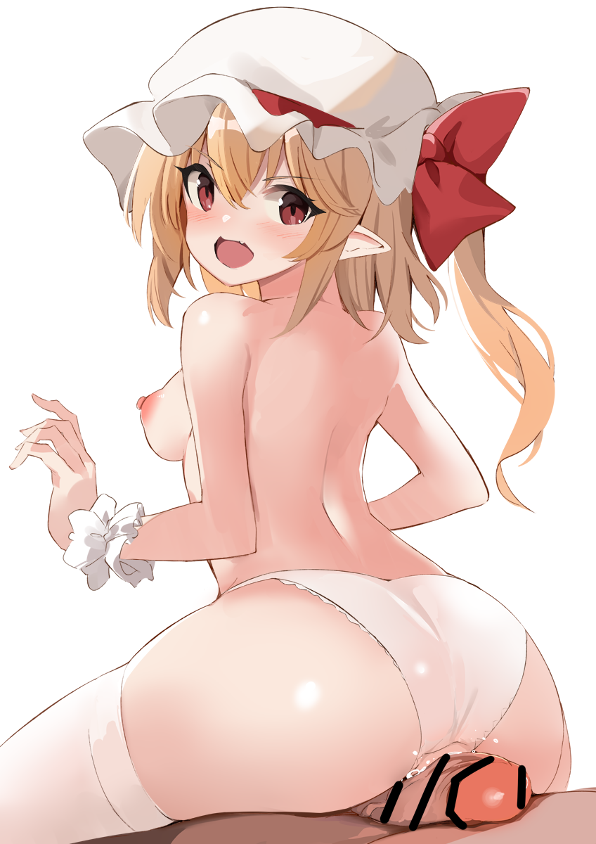 1boy 1girl artistic_error ass back bar_censor blonde_hair blush bow breasts censored commentary_request commission eyelashes fang flandre_scarlet frilled_cuffs from_behind girl_on_top grinding hands_up hat hat_bow hat_ornament hetero highres kamukamu_(ars) long_hair looking_at_viewer looking_back medium_breasts mob_cap nipples no_wings one_side_up open_mouth paid_reward_available panties penis pointy_ears red_bow red_eyes reverse_cowgirl_position sideboob simple_background skindentation solo_focus straddling thighhighs topless touhou underwear underwear_only v-shaped_eyebrows white_background white_headwear white_panties white_thighhighs wrist_cuffs