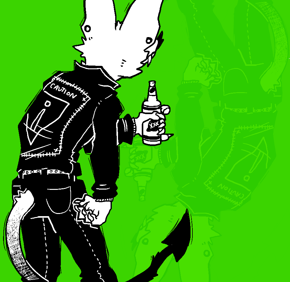 alcohol andromorph anthro bat beer beer_bottle beverage bottle bottomwear cheek_tuft clothing container denim denim_clothing ear_piercing facial_tuft fangs gauged_ear green_background intersex jacket jeans leather leather_clothing leather_jacket leather_topwear mammal monochrome pants piercing punk simple_background sins_(sinsquest) sinsquest solo spade_tail tail teeth topwear trans_(lore) trans_man_(lore) tuft