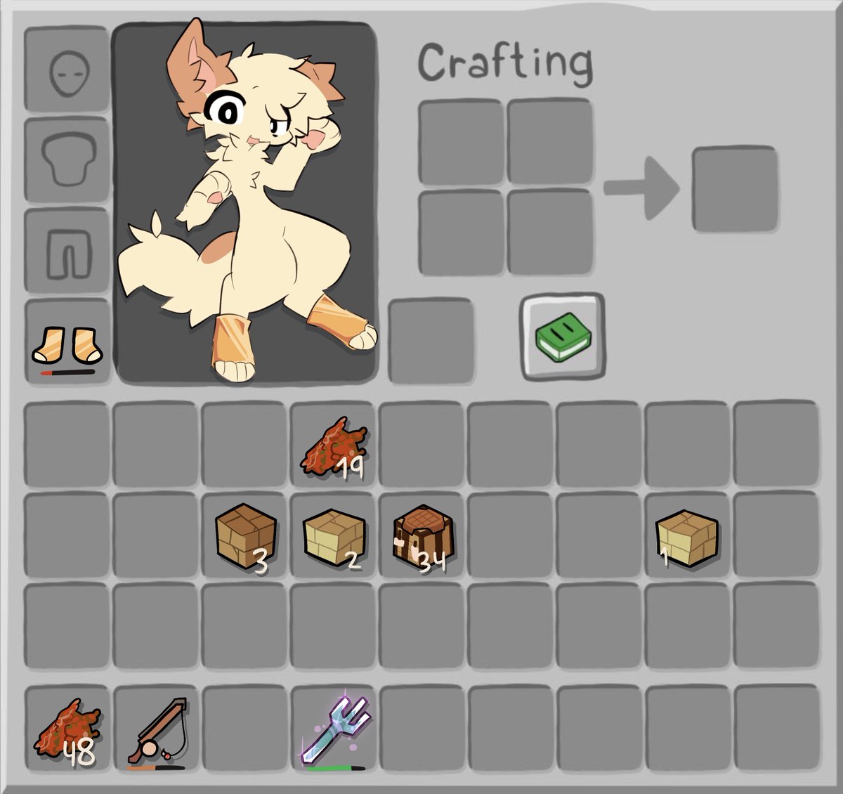 ambiguous_gender anthro book boots boots_only brown_ears canid canine canis clothing crafting_table domestic_dog enchantment fishing_rod footwear footwear_only fur gold_boots goobysart heart_pawpads inventory looking_at_viewer mammal markings melee_weapon microsoft minecraft mojang mostly_nude pawpads pink_mouth polearm rotting_flesh solo tail tail_markings tan_body tan_fur trident weapon wood wooden_planks xbox_game_studios