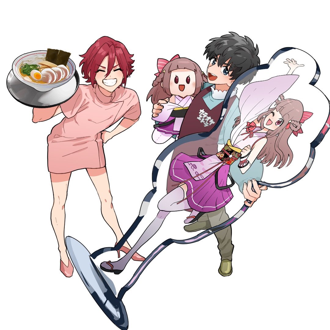 2boys :d acrylic_stand akamatsu_(etra-chan_wa_mita!) apron black_hair blue_shirt bowl brown_pants character_doll closed_eyes commentary_request crossdressing doll etra-chan_wa_mita! etra_(etra-chan_wa_mita!) food full_body green_footwear hair_between_eyes hand_on_own_hip high_heels holding holding_doll holding_tray kuroki_(etra-chan_wa_mita!) long_sleeves male_focus multiple_boys noodles nurse open_mouth pants pink_footwear ramen red_apron red_hair shimizuy418 shirt shoes short_hair short_sleeves simple_background smile translation_request tray white_background