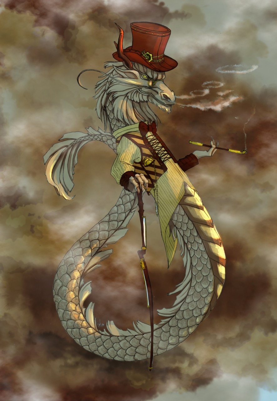 anthro ao_kuang cane claws clothing dragon eastern_dragon eyewear glasses greentapok hat headgear headwear hi_res male pipe scalie serpentine smite smoke smoking_pipe solo top_hat