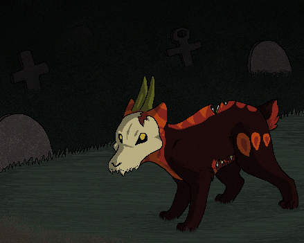 2012 aliasing ambiguous_gender black_sclera bluekyokitty bone brown_body brown_fur cel_shading cemetery detailed_background digital_drawing_(artwork) digital_media_(artwork) digitigrade feral fur grass green_horn greg_(sebdoggo) horn low_res night orange_body orange_fur outside paws plant red_body red_fur sebdoggo shaded short_tail skull skull_head solo standing tail tombstone undead unknown_species yellow_eyes zombie