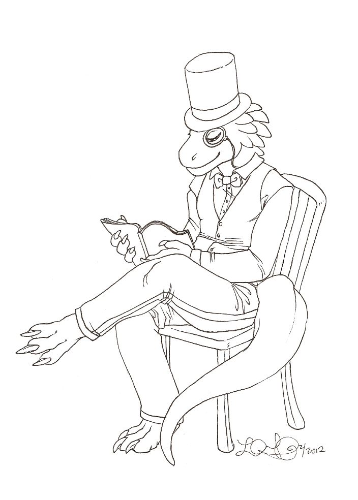 2012 anthro bottomwear bow_tie chair claws clothed clothing epicwang eyewear fully_clothed furniture furx_(character) happy hat headgear headwear line_art lizard male monocle narrowed_eyes pants reptile scalie shirt signature simple_background sitting smile solo top_hat topwear vest white_background