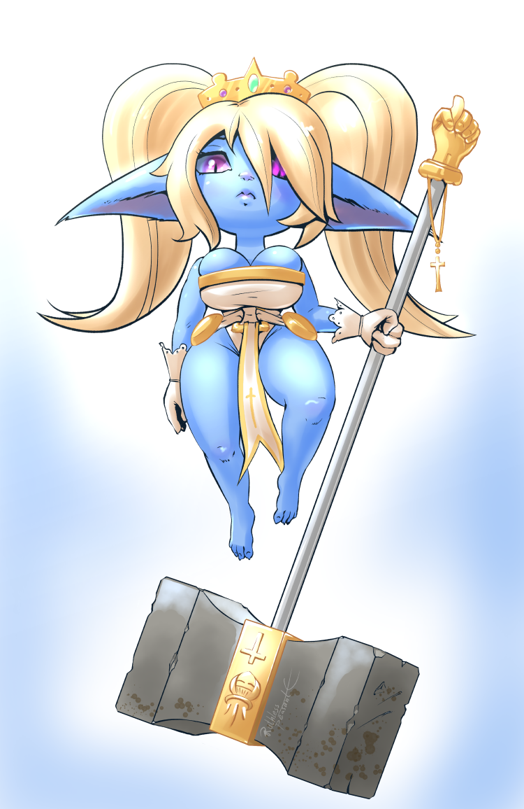 big_breasts blue_body blue_skin bottomwear breast_squish breasts clothing crown female gloves handwear headgear holding_object holding_weapon humanoid humanoid_pointy_ears league_of_legends loincloth not_furry poppy_(lol) riot_games ruthlesspeasant short_stack simple_background solo squish weapon yordle