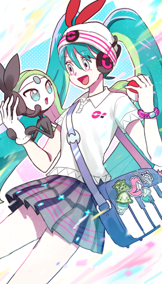 1girl aqua_eyes aqua_hair bag collared_shirt commentary crossover gloves green_hair hatsune_miku holding holding_poke_ball jiugae_(yzzv4774) long_hair meloetta meloetta_(aria) open_mouth poke_ball pokemon pokemon_(creature) project_voltage psychic_miku_(project_voltage) red_ribbon ribbon shirt short_sleeves simple_background single_glove skirt teeth twintails upper_teeth_only very_long_hair vocaloid white_background white_gloves white_shirt