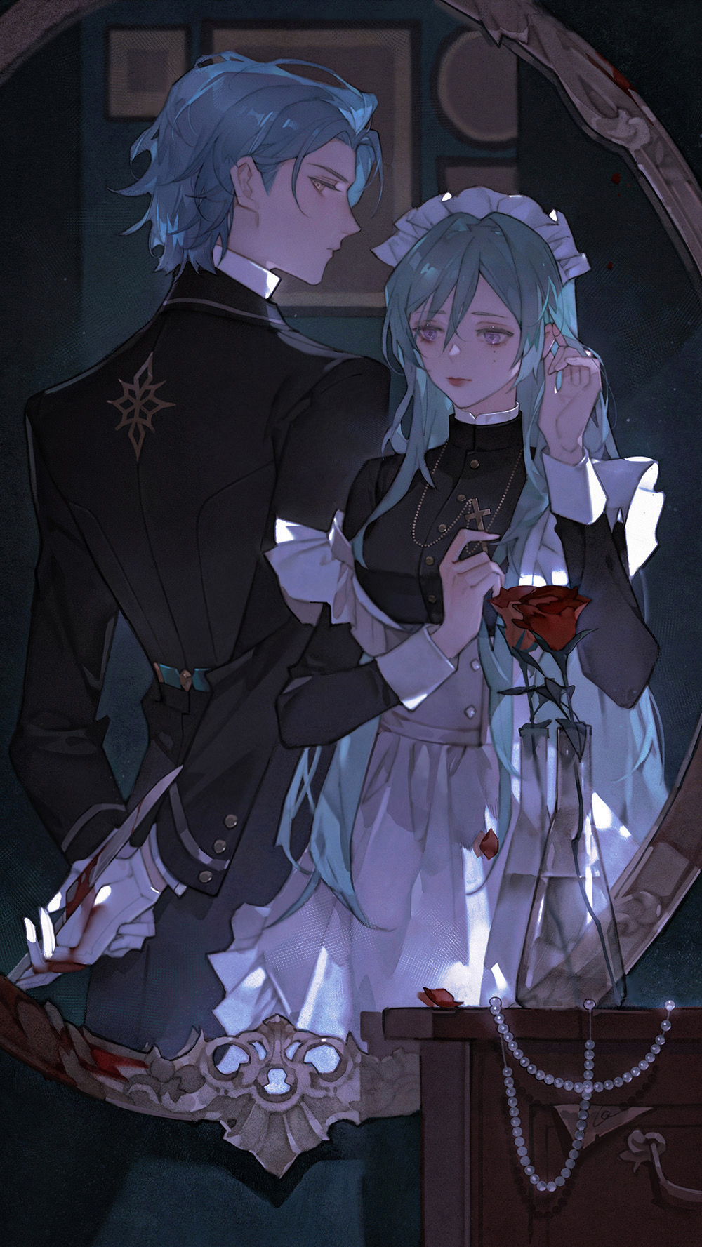 1boy 1girl adjusting_hair black_dress black_jacket blood blood_on_clothes blood_on_hands blood_on_knife blood_on_weapon blue_hair breasts chest_of_drawers cowboy_shot cross cross_necklace dress ensemble_stars! flower genderswap genderswap_(mtf) glass green_hair hair_tucking hands_up highres himeru_(ensemble_stars!) holding holding_knife holding_weapon indoors jacket jewelry jewelry_removed kazehaya_tatsumi knife laoelaoee light_smile lipstick long_hair looking_at_viewer looking_away looking_back makeup mirror mole mole_under_eye necklace night pearl_necklace petals picture_frame pinafore_dress profile purple_eyes red_flower red_rose reflection rosary rose short_hair side-by-side sleeveless sleeveless_dress strap_slip vase very_long_hair weapon white_dress yellow_eyes