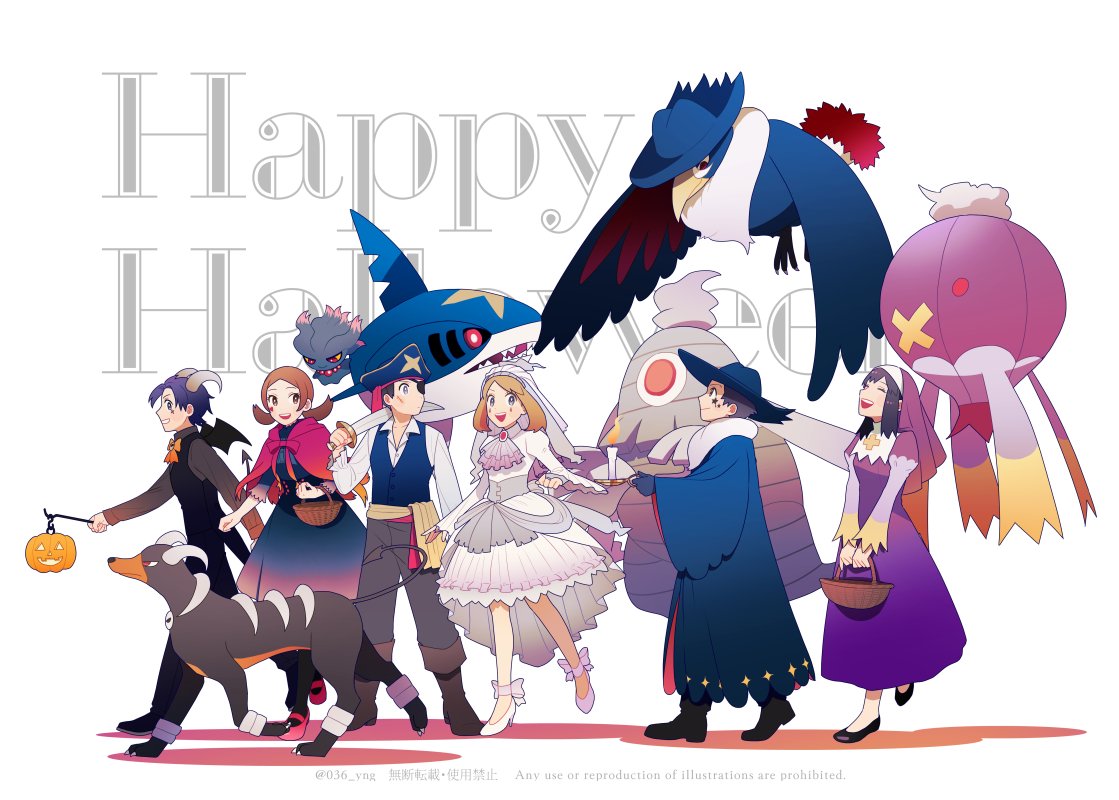 3boys 3girls :d alternate_costume basket black_vest blue_coat blue_headwear blue_vest brendan_(pokemon) brown_hair capelet coat collared_shirt dawn_(pokemon) dress drifblim dusclops ethan_(pokemon) halloween happy_halloween hat holding honchkrow horns houndoom long_hair long_sleeves lucas_(pokemon) lyra_(pokemon) may_(pokemon) misdreavus multiple_boys multiple_girls open_mouth pants pokemon pokemon_(game) pokemon_dppt pokemon_hgss pokemon_oras purple_dress scarf sharpedo shirt short_hair sidelocks smile standing twintails vest walking white_background white_shirt wings y_(036_yng)