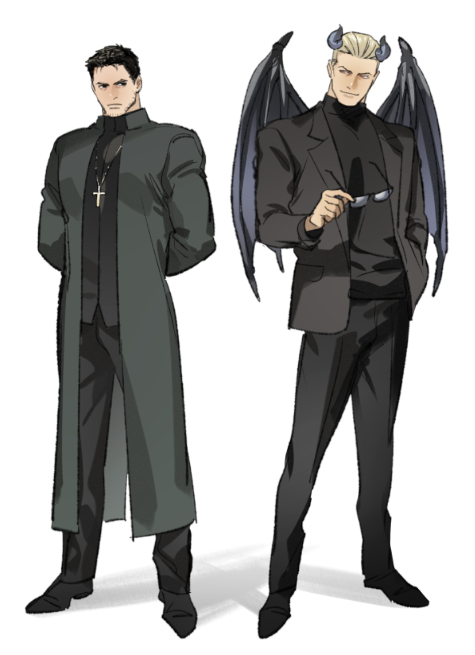 albert_wesker black_footwear blonde_hair brown_eyes brown_hair closed_mouth cross cross_necklace demon demon_horns demon_wings green_jacket highres horns jacket jewelry looking_at_another muscular muscular_male necklace non-web_source pastor resident_evil suit sunglasses tatsumi_(psmhbpiuczn) turtleneck wings
