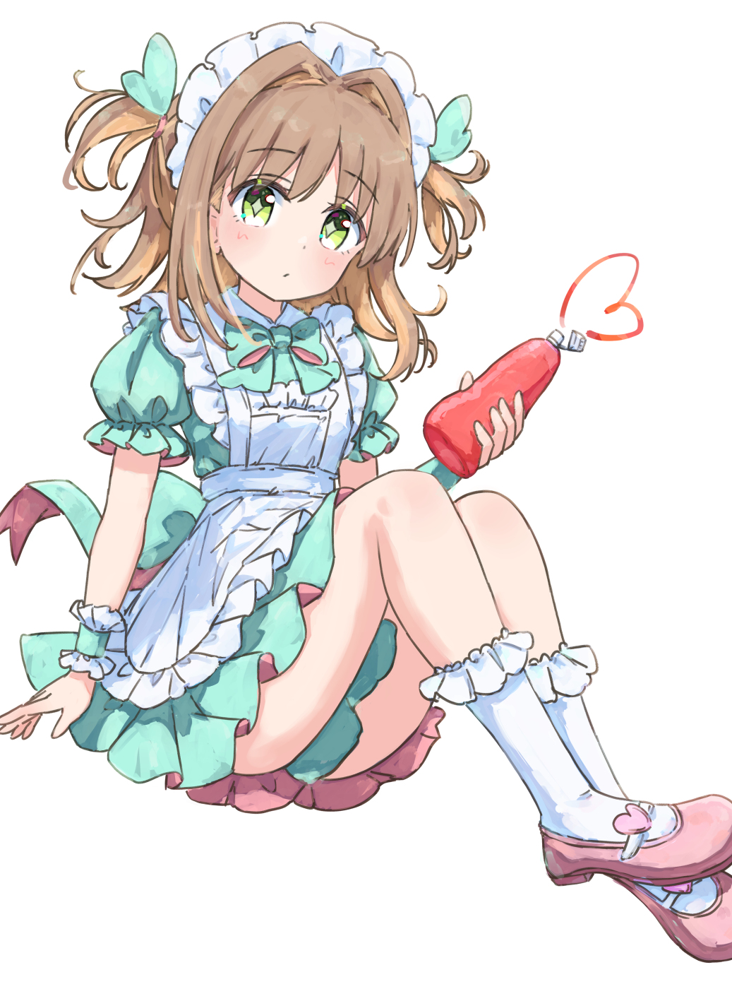 1girl alternate_costume apron blush bottle bow brown_hair closed_mouth collared_dress commentary_request dress enmaided frilled_apron frilled_socks frills green_bow green_dress green_eyes hair_intakes highres holding holding_bottle ketchup ketchup_bottle knees_up looking_at_viewer maid maid_apron maid_headdress oka_asahi onii-chan_wa_oshimai! pink_footwear puffy_short_sleeves puffy_sleeves shoes short_sleeves simple_background sitting socks solo tetesudeesu two_side_up white_apron white_background white_socks wrist_cuffs