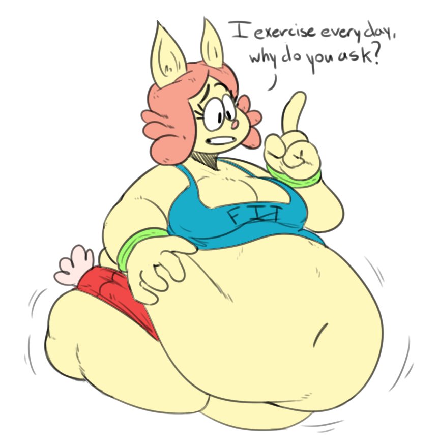 2018 4_fingers anthro asking belly big_belly big_breasts biped bottomwear breasts butt carol_(kaboodles) clothed clothing colored cotton_tail dialogue digital_drawing_(artwork) digital_media_(artwork) english_text exercise female fingers front_view fur gym_bottomwear gym_clothing gym_shorts hair kaboodles lagomorph leporid mammal navel obese obese_anthro obese_female oblivious open_mouth orange_hair overweight overweight_anthro overweight_female portrait question_mark rabbit shirt shorts simple_background sketch solo sportswear standing tail tank_top teeth text text_on_clothing text_on_shirt text_on_tank_top text_on_topwear thick_thighs three-quarter_portrait three-quarter_view topwear white_background white_tail wide_hips yellow_body yellow_fur