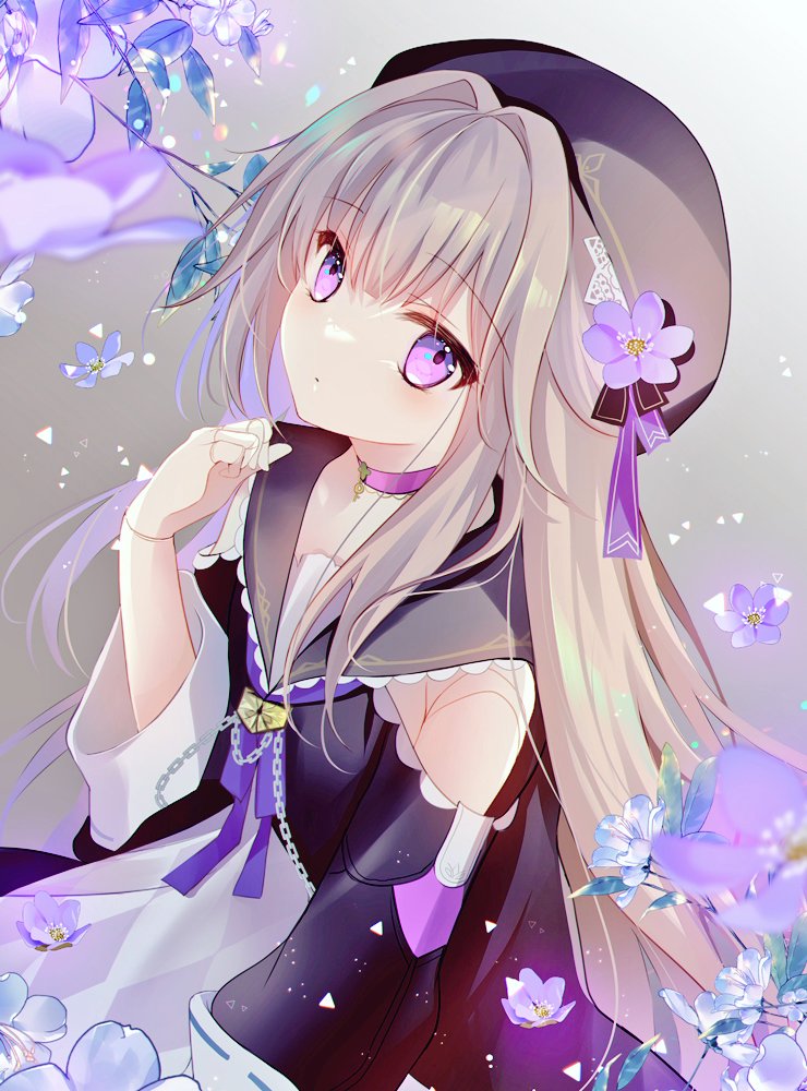 1girl bare_shoulders beret black_dress black_headwear blue_flower brown_hair choker closed_mouth clothing_cutout commentary_request doll_joints dress flower grey_background hand_up hat hat_flower herta_(honkai:_star_rail) honkai:_star_rail honkai_(series) joints long_hair long_sleeves looking_at_viewer pink_choker puffy_long_sleeves puffy_sleeves purple_eyes purple_flower shirogane_hina shoulder_cutout solo very_long_hair white_dress wide_sleeves