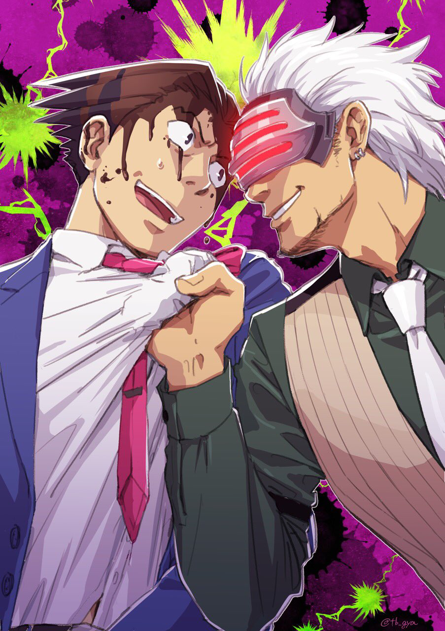 2boys ace_attorney beard black_hair blue_jacket brown_vest collared_shirt confrontation earrings face-to-face faceoff facial_hair fighting glowing godot_(ace_attorney) green_shirt grin highres jacket jewelry long_sleeves looking_at_another male_focus multiple_boys necktie phoenix_wright phoenix_wright:_ace_attorney_-_trials_and_tribulations pink_necktie profile shirt shirt_tug short_hair smile spiked_hair spill sweatdrop taba_(tb_gya) upper_body vest wet wet_hair white_hair white_necktie white_shirt