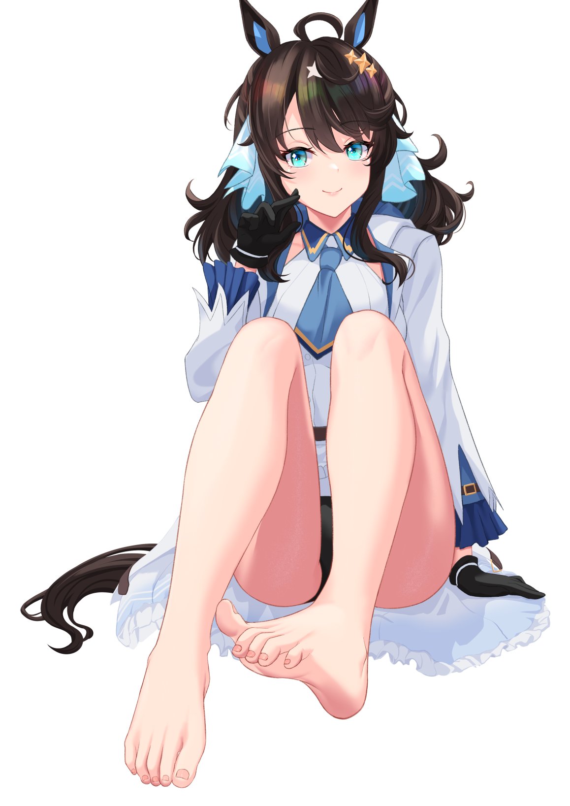 1girl ahoge animal_ears bare_legs barefoot black_hair blue_eyes blush breasts closed_mouth commentary_request daring_tact_(umamusume) feet full_body gloves hair_ornament highres horse_ears horse_tail jacket looking_at_viewer medium_breasts medium_hair no_shoes panties philo_324 shirt sitting smile soles tail thighs toes umamusume underwear white_shirt