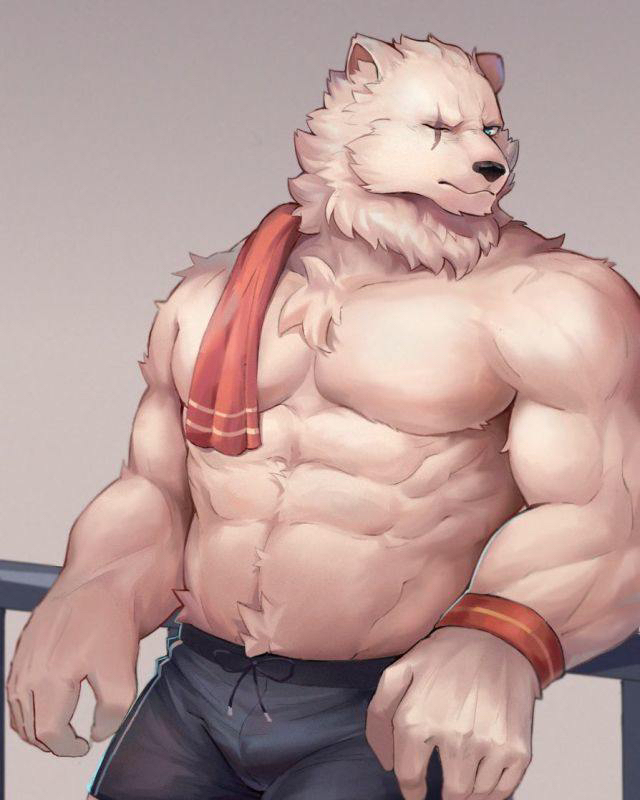 2021 4:5 abs anthro bear biped black_bottomwear black_clothing black_nose black_shorts blue_eyes bottomwear clothed clothing crushfang_(sdorica_sunset) digital_drawing_(artwork) digital_media_(artwork) facial_scar fur leaning_on_railing luodejun male mammal muscular muscular_anthro muscular_male one_eye_closed pecs scar sdorica_sunset shorts simple_background solo topless towel towel_on_shoulder white_body white_fur wristband